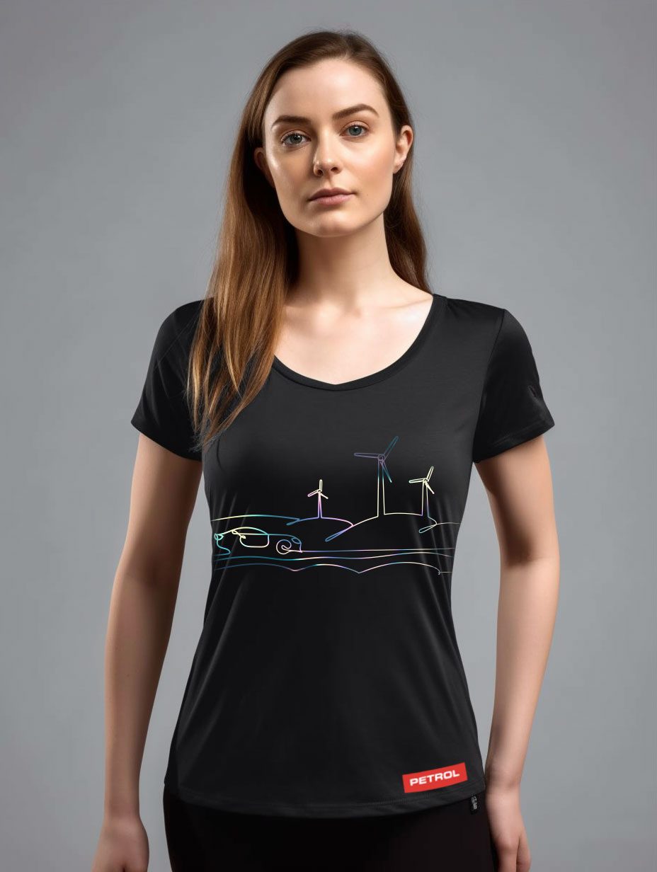 Petrol — t-shirt with windmills + EV illustration